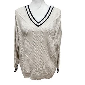Hollister women's cable knit v neck oversized sweater size medium white and navy